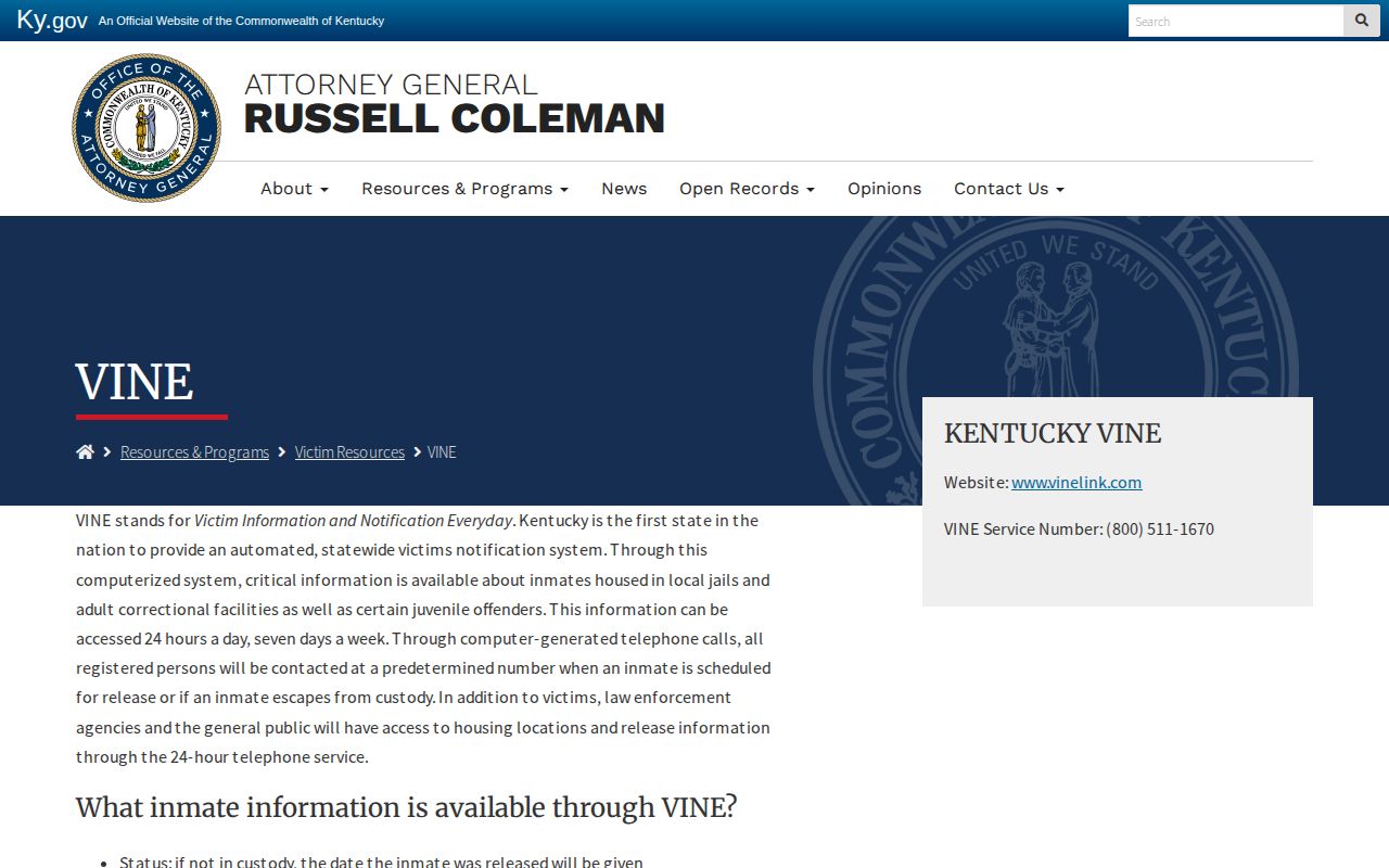Kentucky VINE custody source for Lewis County booking records